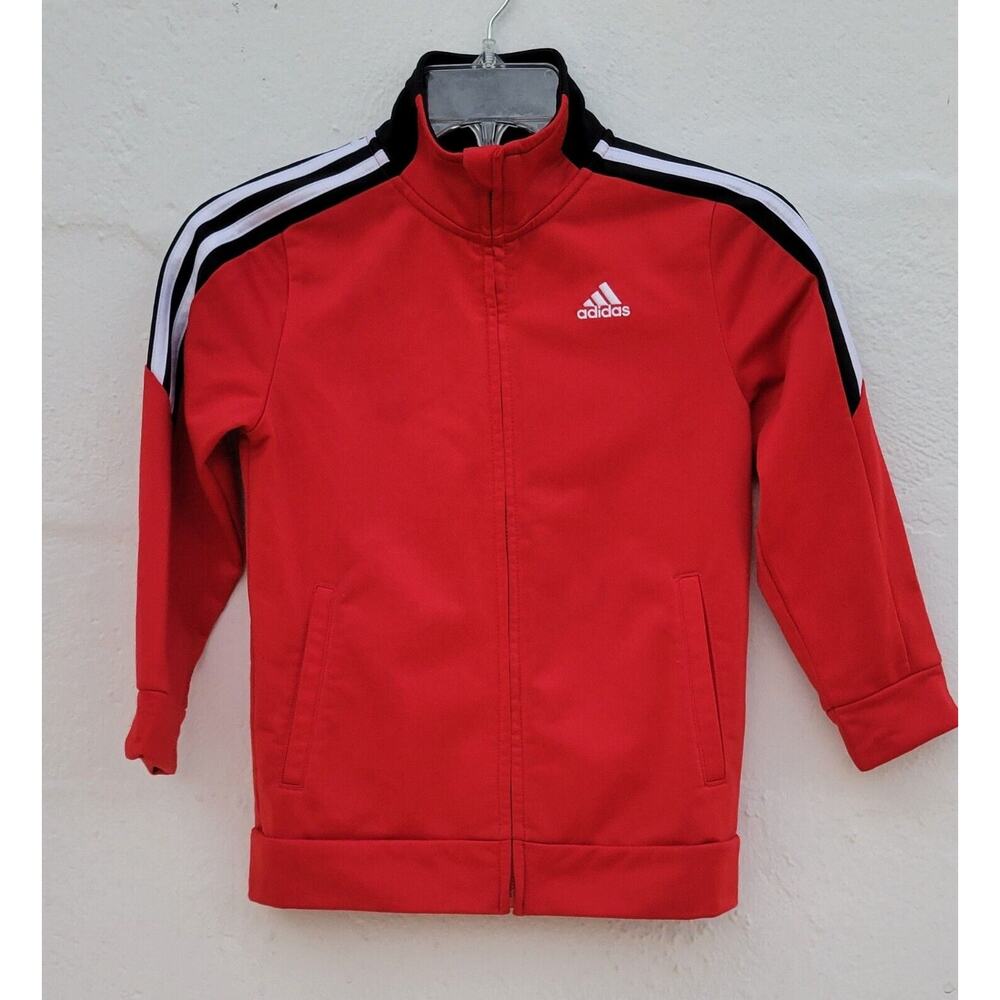 Adidas Track Jacket Boys 7 Red Black Stripe Full Zip Mock Neck Stretch Jersey